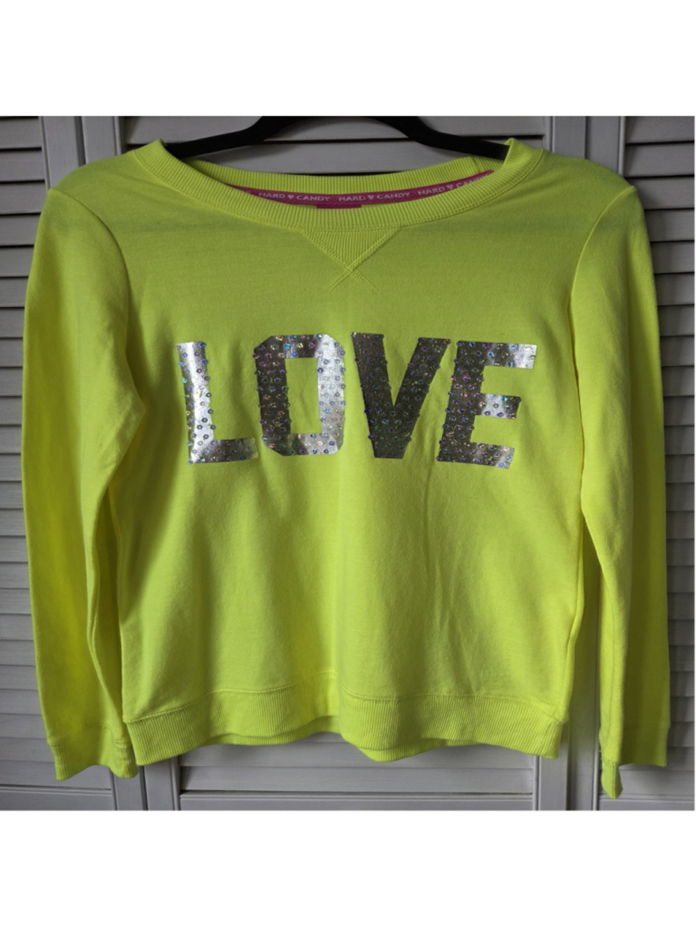 Juniors Hard Candy Neon Yellow Sequin LOVE Sweatshirt M